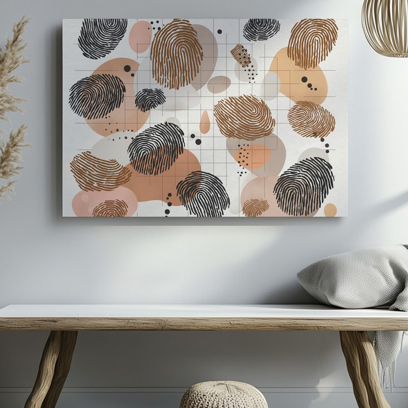 Reproduction d'art sur toile, "Art abstrait" avec une variété de formes d'empreintes digitales dans des tons terreux, y compris des bruns doux