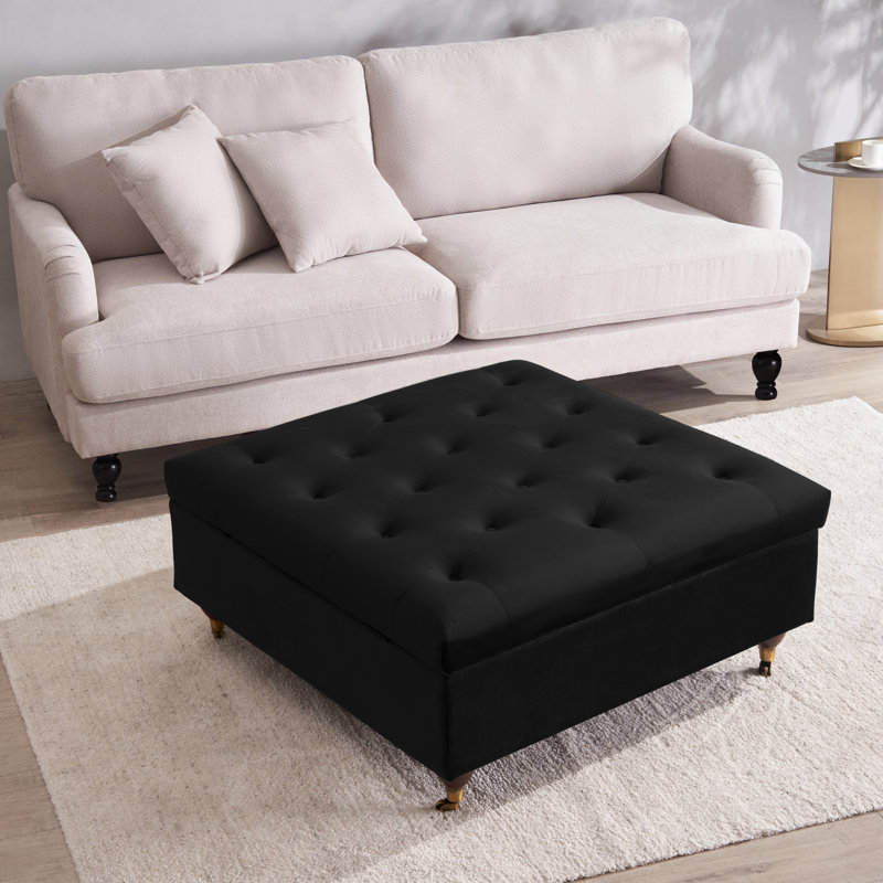 Agoura 93cm Wide Velvet Tufted Square Ottoman with Storage, Black