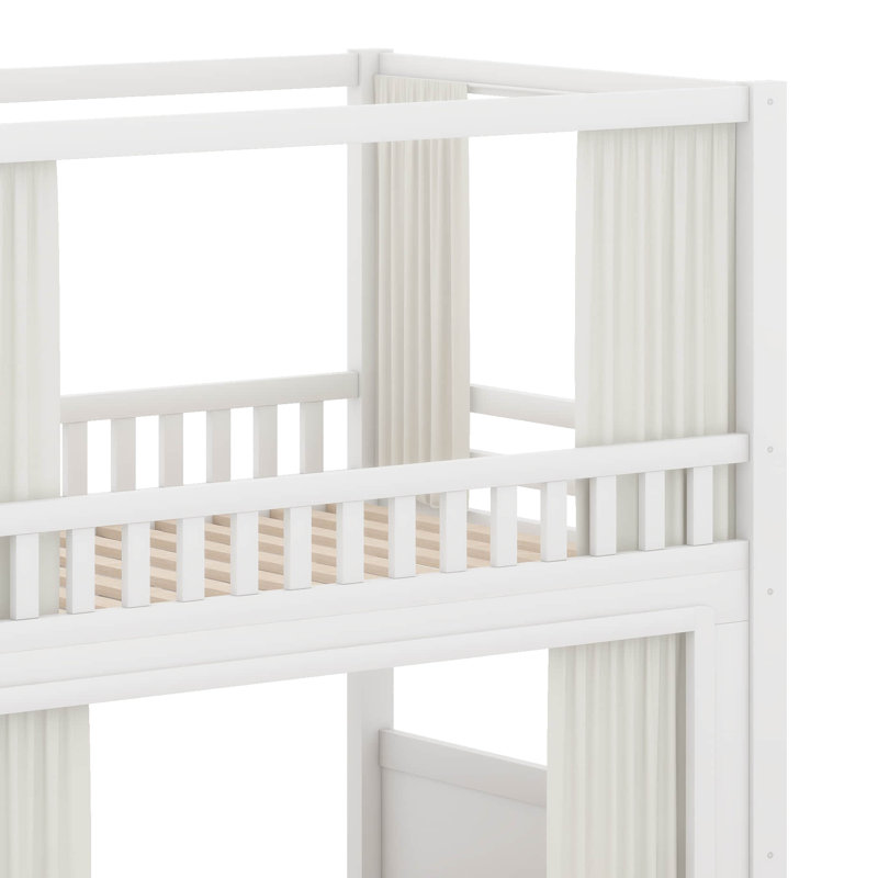Lit superposé double au-dessus de double avec rideaux d'intimité, lumières DEL sous le lit, escalier de rangement et tiroirs