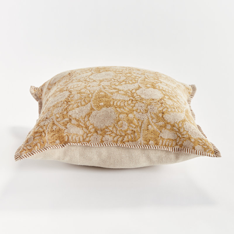 Jules European Flax Fiber Pillow Cover & Insert, Square 20", Yellow/Floral, Piped Edge
