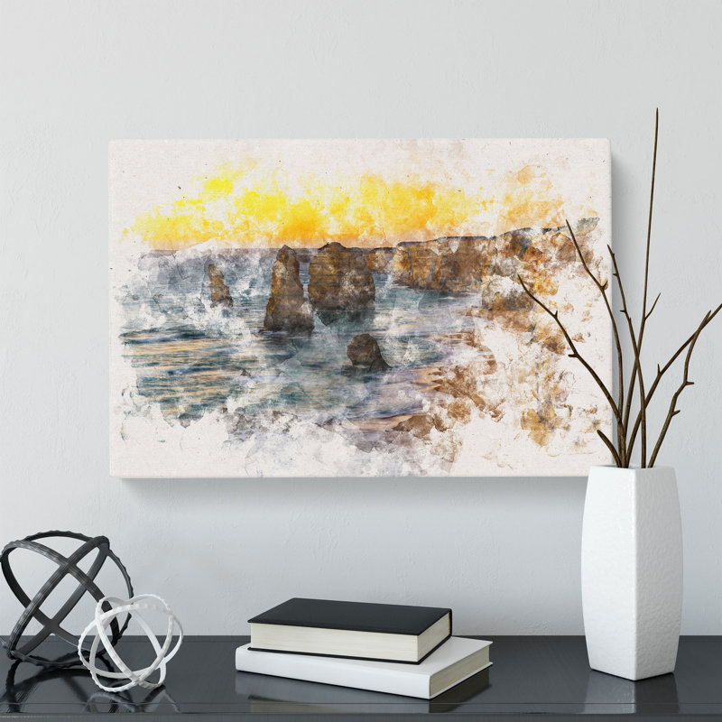 Sunset Over The Twelve Apostles Watercolour - Wrapped Canvas Print, 50cm H x 76cm W x 3cm D
