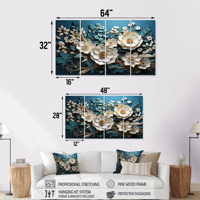 «White and Blue Orchid Flowers Tree IV», art floral abstrait 4 pièces, H 32 po x l 64 po