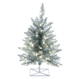 3' Silver Tinsel Fir Artificial Christmas Tree with 100 LED Clear/White Lights with Stand