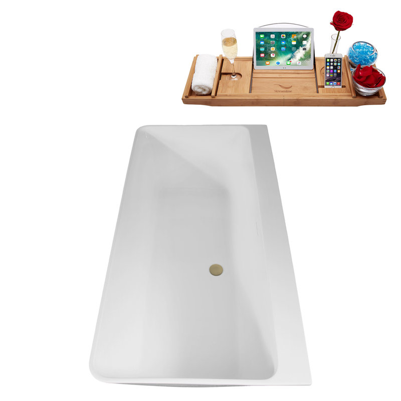 59" Streamline Soaking Freestanding Tub and Tray With Internal Drain, Brushed Brass