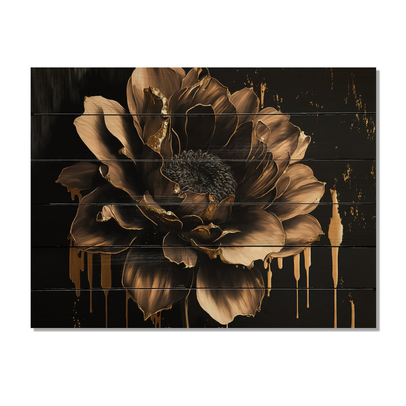 Dahlia noir et doré - impression sans cadre sur bois, H 24 po x l 32 po x P 1 po