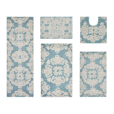 Ensemble de tapis pour salle de bain 5 pièces 100% coton 1885 GSM Chemash, certifié OEKO-TEX®, envers en latex antidérapant, tapis de bain touffetés moelleux et tapis de contour pour douche, baignoire, meuble-lavabo, lavabo et toilette, super absorbant, machine Lavable, bleu