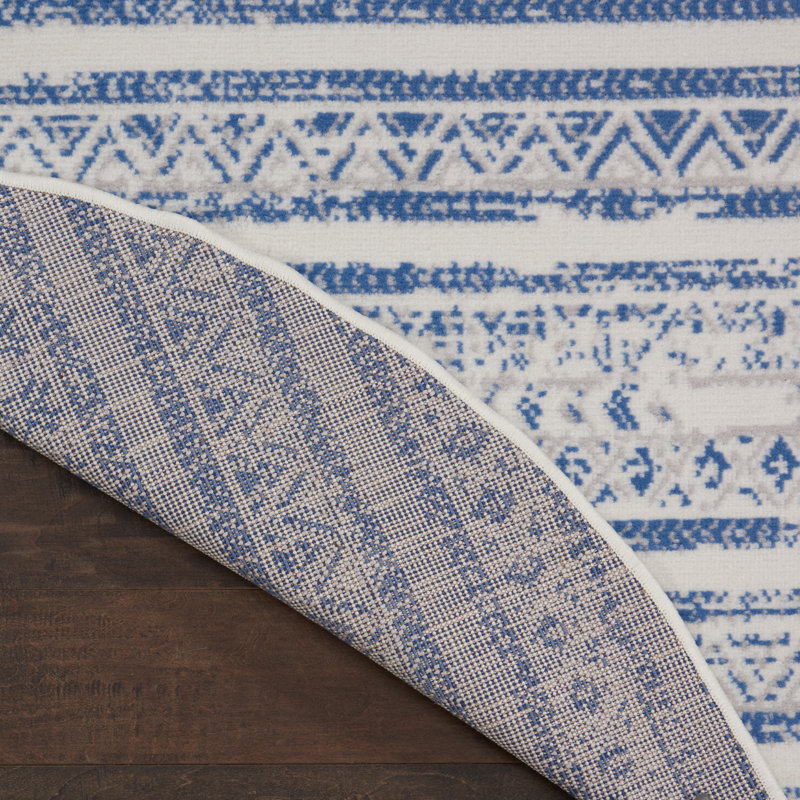 Tapis rayé bleu / blanc, Rond 5 pi