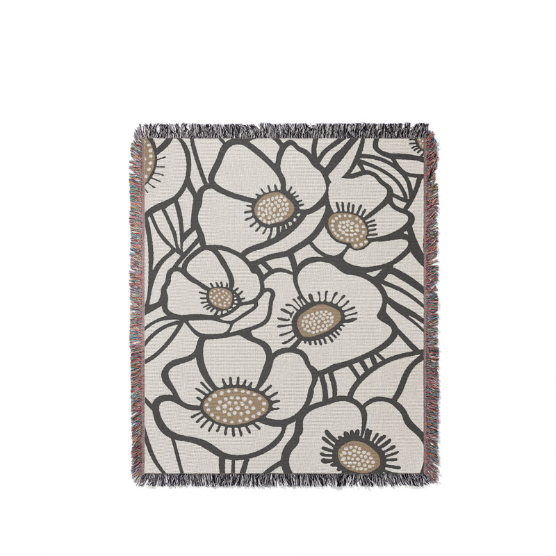 Jeté floral en coton, Gris, 50 x 60