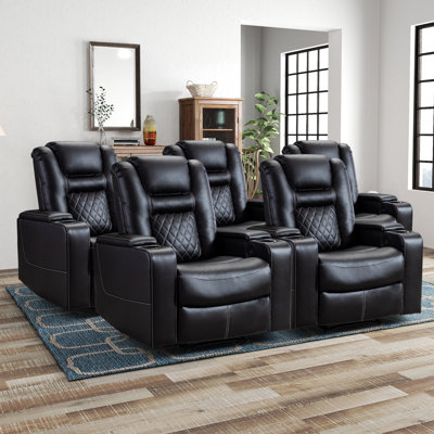 36.22" Wide Contemporary Premium Faux Leather Power Home Theater Individual Seat with Cup Holders, Arm Storage and USB Port