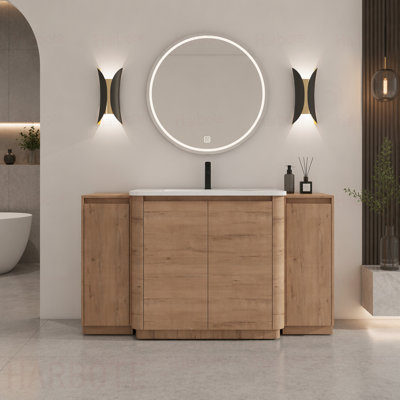 Meuble-lavabo autoportant avec lavabo en céramique, 2 petites armoires de rangement, porte à fermeture en douceur, emballage d'imitation, contreplaqué