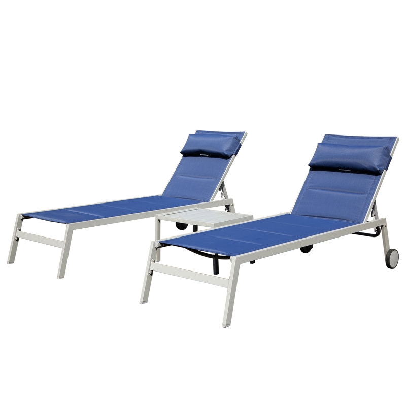 3 chaises longues d'extérieur: chaises de piscine en aluminium avec table d'appoint. Bleu marine, inclinable réglable. Tissu respirant. Confortable. Pour cour, balcon, chaise longue: coussin de piscine inclinable 5