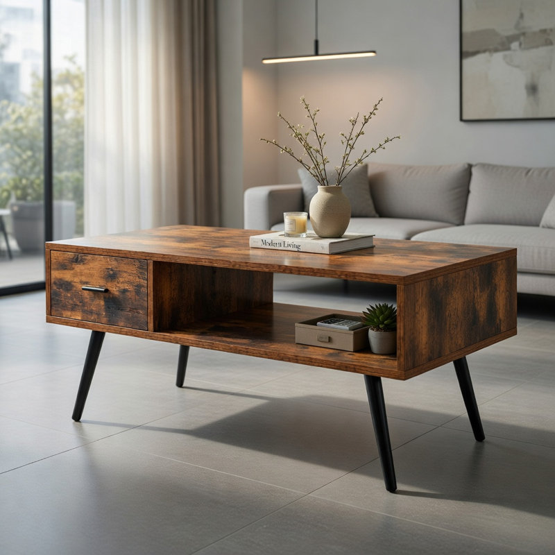 Table basse rectangulaire rétro Hommoo avec tiroir et tablette ouverte, brun rustique