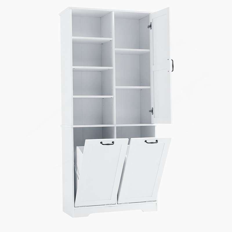 Armoire de rangement de salle de bain avec portes et tiroirs, panier à linge inclinable, plusieurs espaces de rangement, style autoportant, tablette ouverte, tablette réglable, blanc