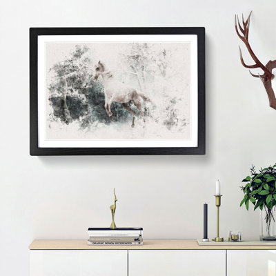 White Horse Rearing In A Winter Forest Watercolour - Framed Print