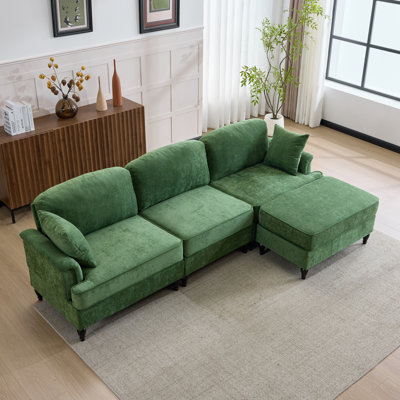 Canapé modulaire 103,15 po avec jupe plissée à volants amovible, canapé en nuage de chenille, repose-pieds et accoudoirs évasés, canapé en tissu en L à 4 places pour le salon et la chambre à coucher, vert