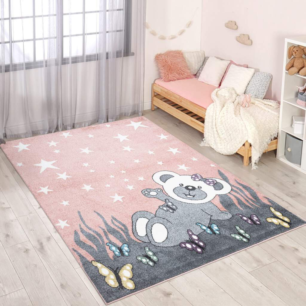 Kinderteppich Anime 916 Rosa Teddy Bär Schmetterlinge Sterne Kinderzimmer Kurzflor Gotmar