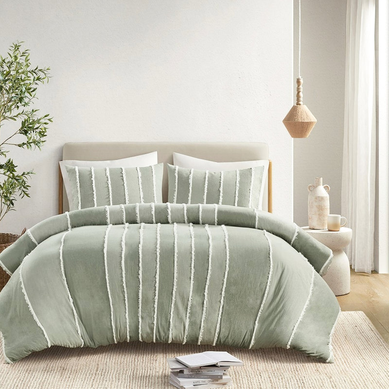 Housse de couette 100% coton à rayures blanches pour lit très grand / très grand avec garniture
