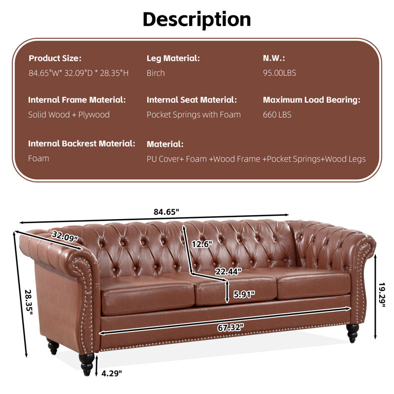 Annalena 84.65'' Faux Leather Sofa, Brown Faux Leather