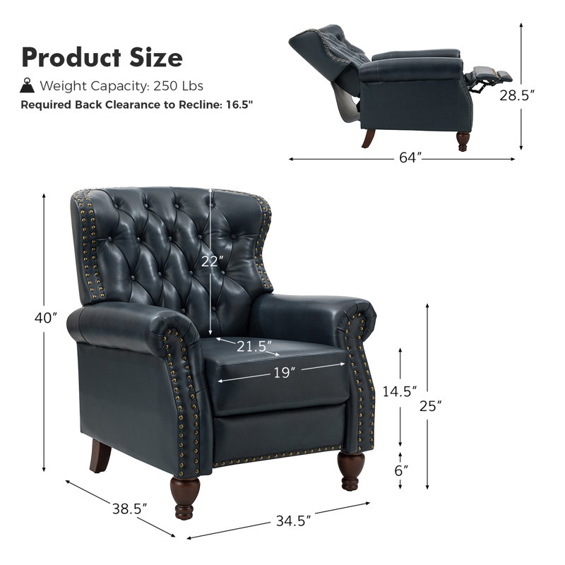 Fauteuil inclinable en cuir véritable manuel standard de 34,5 po de largeur Abruzzino, Cuir véritable bleu marine