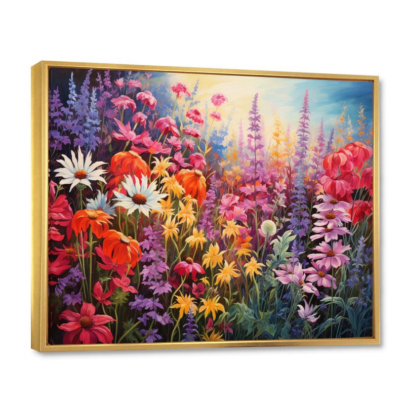 Fleurs sauvages dans un jardin de couleurs, reproduction sur toile, Cadre flottant doré, 12" H x 20" W