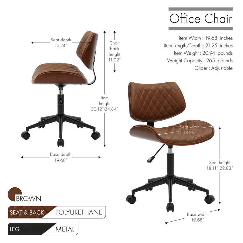 Kasse Faux Leather Mid-Century Office Chair, Brown
