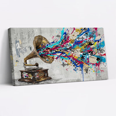 Vintage Gramophone with Colorful Paint Splatters Canvas Wall Art