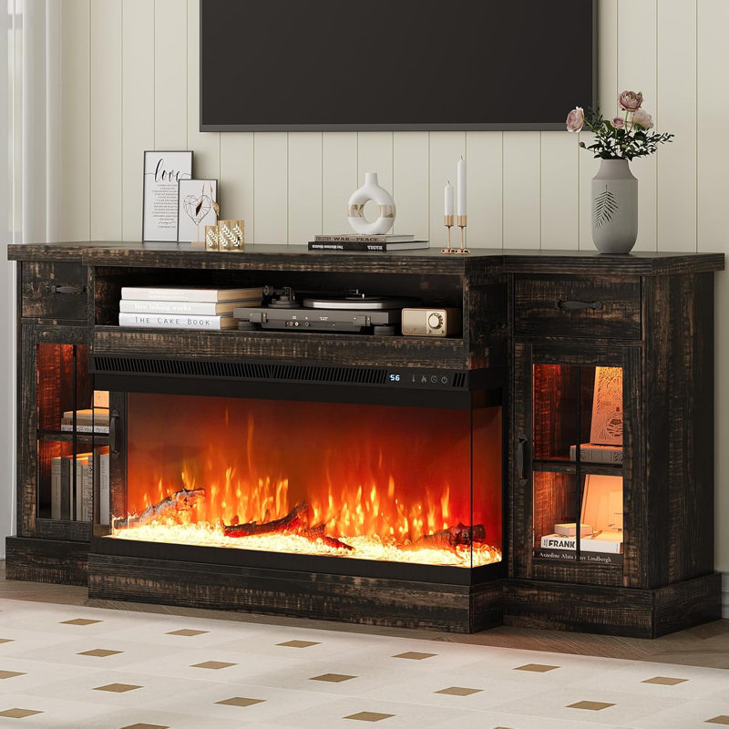 Fireplace TV Stand With Glass Doors, Fireplace TV Stand With 40" Electric Fireplace For 80" TV, 70" Entertainment Center With Adjustable Storage Cabinets, LED Lights, TV Stands For Living Room
