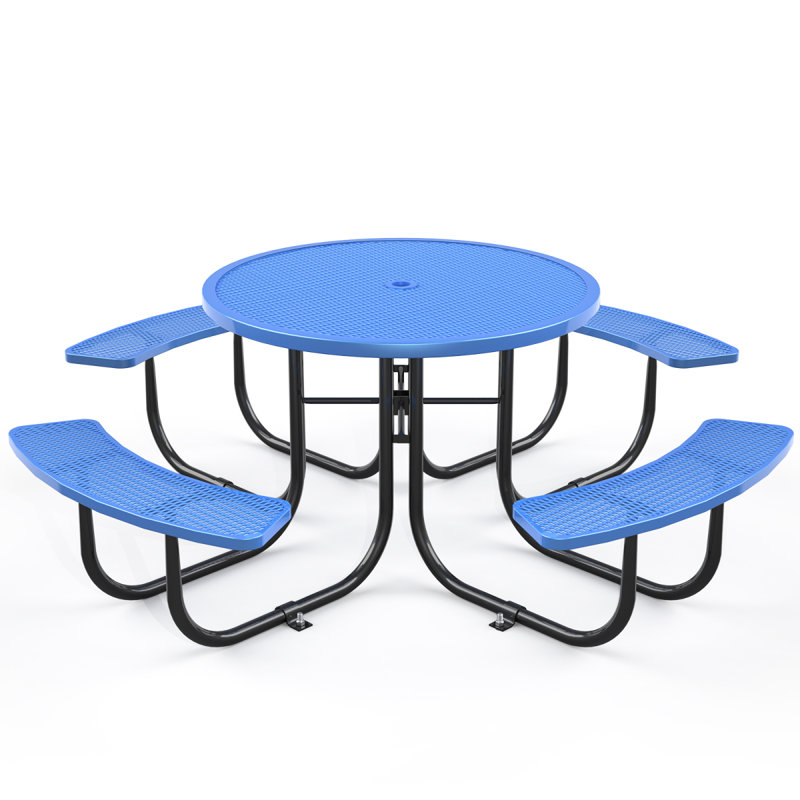 Ensemble de table ronde et de chaises bleues avec trou pour parasol