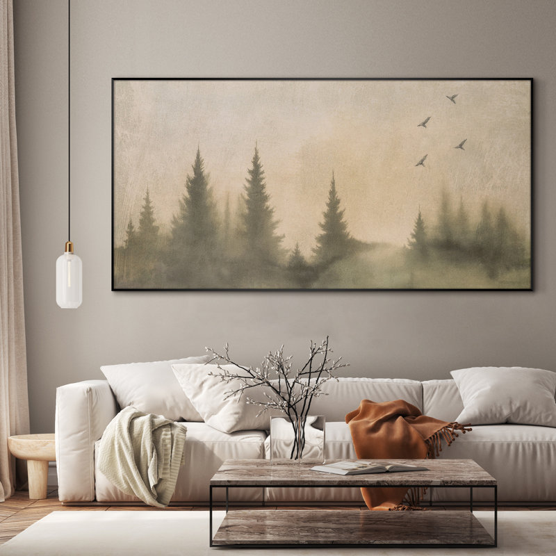 Très grande impression d'art mural vert forêt - Illustration abstraite de paysage naturel neutre pour le salon ou la chambre à coucher, assemblage de cadre requis (assemblage de cadre requis)