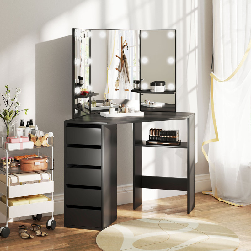 Coiffeuse de maquillage avec 3 miroirs, coiffeuse lumineuse, Noir, noir, noir, noir
