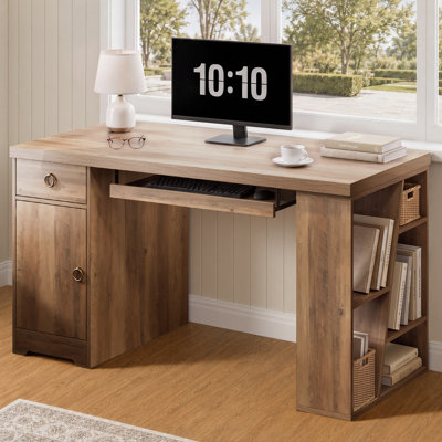 Computer Desk with Keyboard Tray, Home Office Desk 55 Inch Industrial Wood Executive Desk with Drawers Storage Book Shelf Storage Cabinet for Home Off
