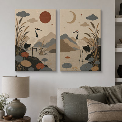 Tableau représentant une grue du Japon dans un paysage naturel, idéal pour le salon. Impression giclée sur toile encadrée (2 pièces) - 40,6 x 61 cm (16 x 24 pouces).