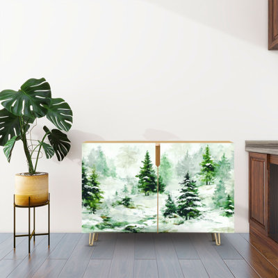 Sideboard Buffet Cabinet with Storage Watercolor evergreen forest Pine trees seamless border Winter with 2 Doors for Living Room and Kitchen
