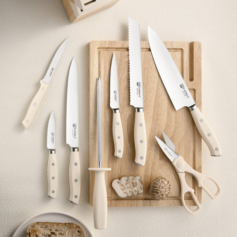 Kitchen Knife Set, 14-Piece Knife Set with Wooden Block, Self-Sharpening Chef's Knife Set, High-Carbon German Stainless Steel Knife Block Set, Dishwasher-Safe, Cream Color