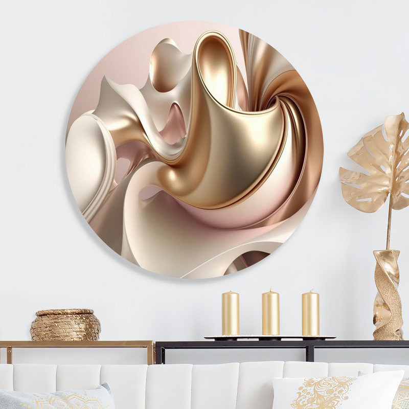 Subtile sophistication en rose exquis et or II - Art mural rond abstrait à l'encre liquide sur métal, L 16 po x H 16 po