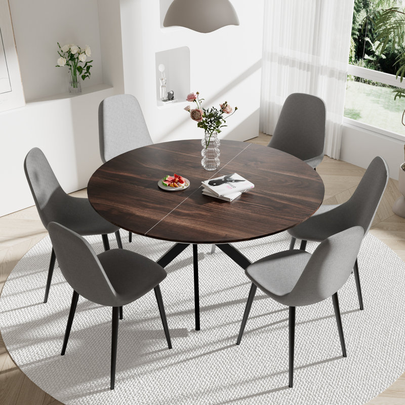 Round 47'' Dining Set, 7, Brown, Dark Gray