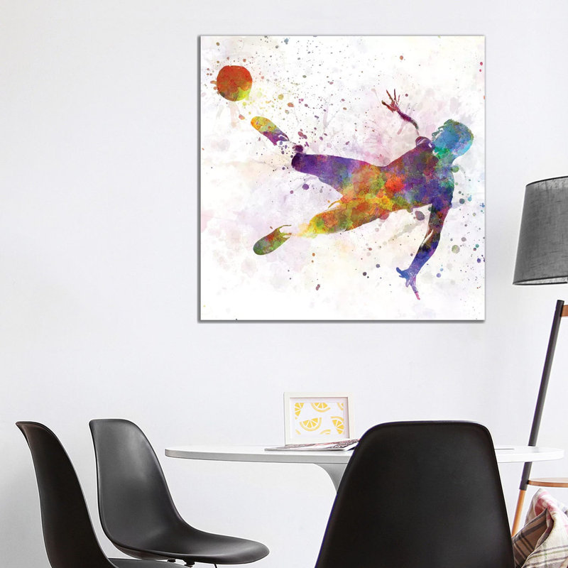 Man Soccer Football Player Flying Kicking V 1 Piece Painting on Canvas, 93.98 cm H x 93.98 cm W x 1.91 cm D, Wrapped Canvas