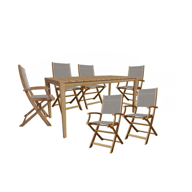 Ogbu 7-Piece Rectangular Teak Outdoor Dining Set with Folding Armchairs, Tan