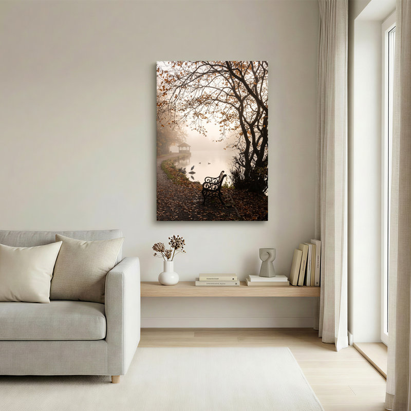 Art mural sur toile "Black Park Bench" par Misty Lake avec Autumn Trees and Gazebo, 24"H x 16"W