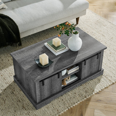 Table basse de 41,3 pouces avec rangement et porte coulissante en bois, table de ferme et de cocktail industrielle avec tablettes réglables