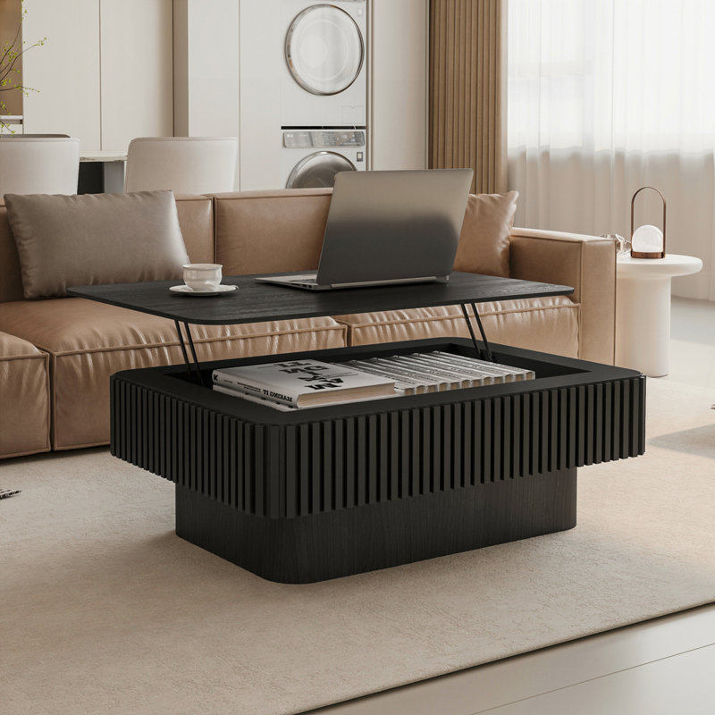 38.6" Fluted Lift-top Coffee Table Solid Wood Veneered Modern Coffee Table Accent Tea Table with Storage and Adjustable Height for Living Room, Bedroom, Apartment or Office, Black