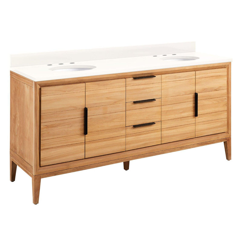 Ensemble de meuble-lavabo double 72 "avec lavabos ovales encastrés Aliso, 8 po, Quartz blanc arctique, Teck naturel