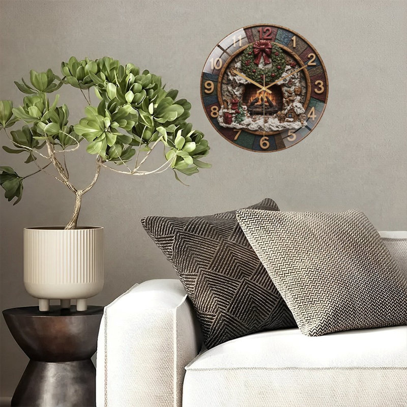 Christmas-Clock-Adorned-Fireplace Art - 12'' Modern Glass Wall Clock