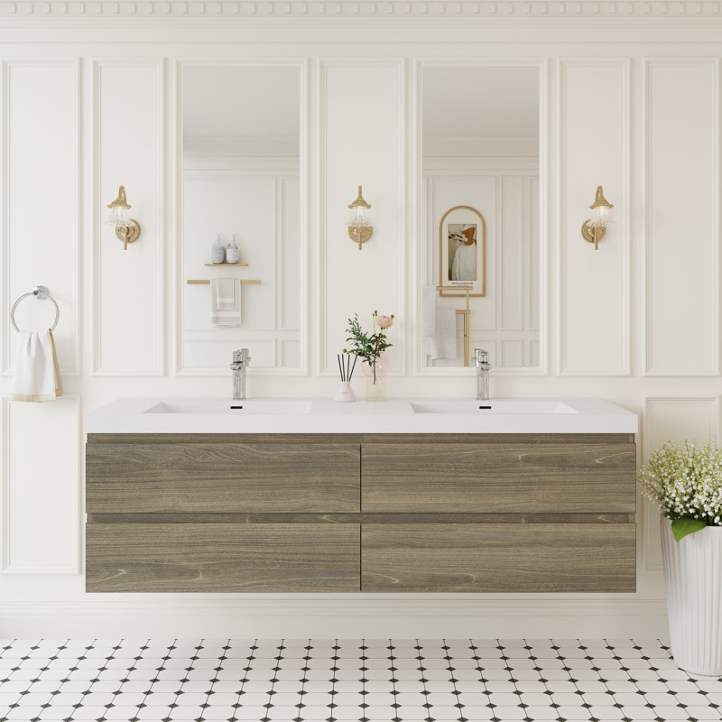Grand meuble-lavabo 72 po avec lavabo, meuble de rangement mural à double évier, plateau à surface solide, 4 tiroirs à fermeture en douceur, pré-assemblé, gris cendré