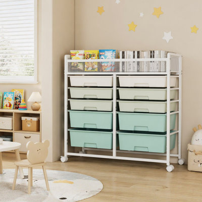 White Large Capacity 2-Row 10-Drawer Rolling Storage Cart, Metal Mesh Top Utility Organizer with Wheels, Multi-Layer Plastic Drawers for Kitchen, Bath