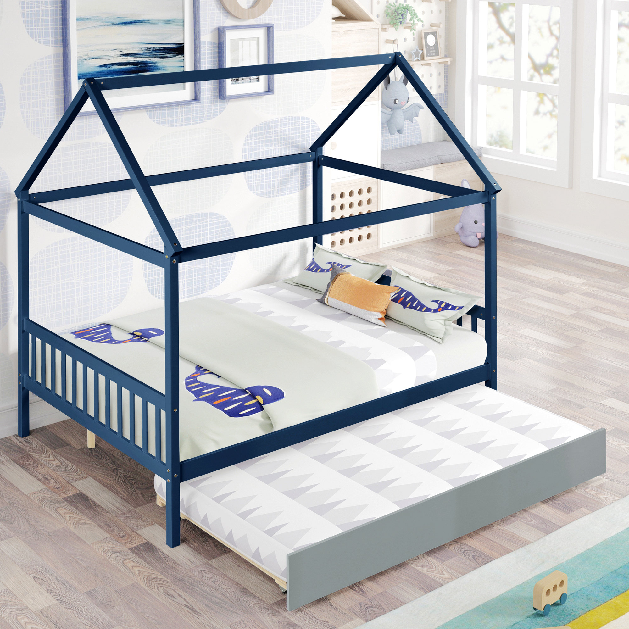 Harper Orchard NAVY BLUE HOUSE FULL BED WITH TRUNDLE OF GREY COLOR ...