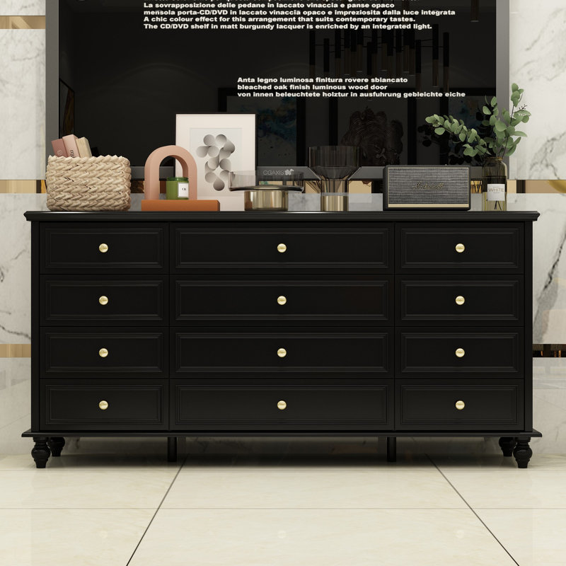 Eltion 63” Wide Standard 12 Drawer TV Stand With Metal Slides & 6 Legs, Black