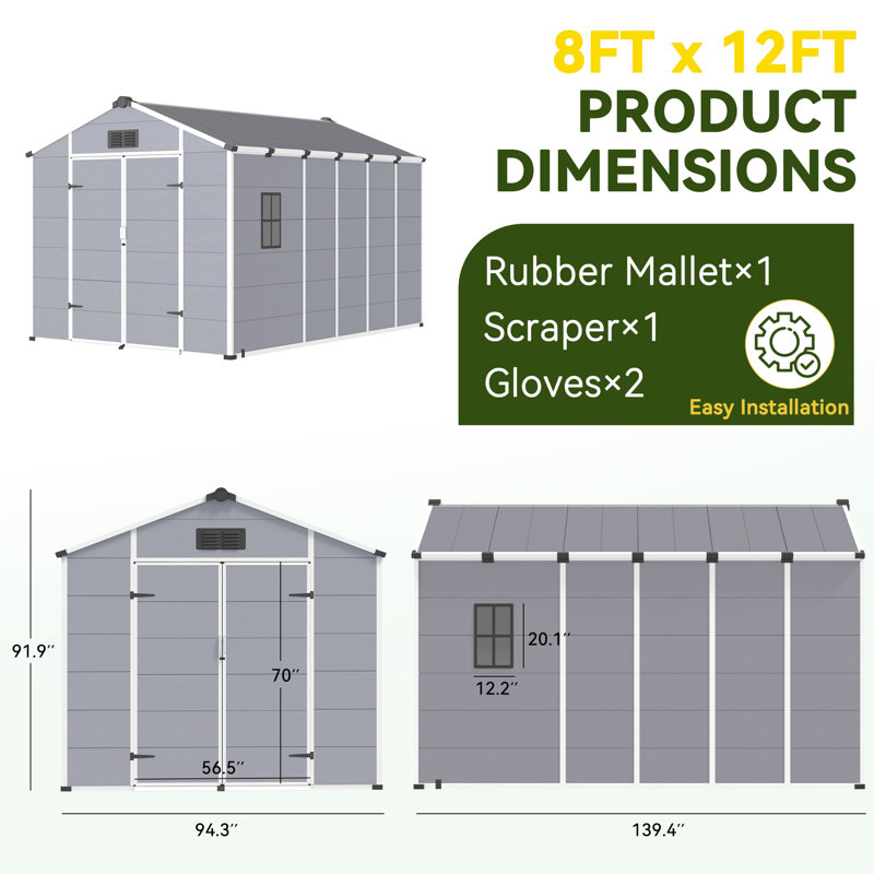 8X12 FT Outdoor Storage Shed, Weather-Resistant Shed With Lockable Double Doors & Built-In Floor, Sloped Roof Outdoor Shed For Backyard, Patio & Lawn, Black