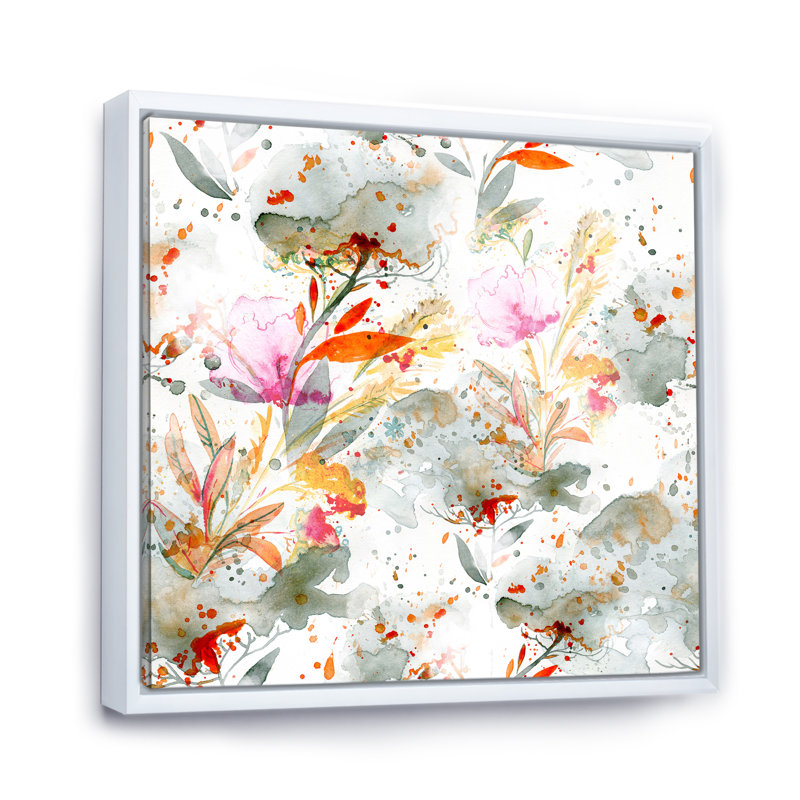 Herbe et plumes en couleurs d'automne I - Peinture sur toile, H 37 po x l 37 po, Cadre blanc