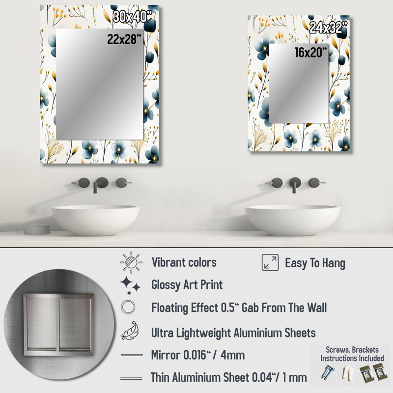 Motif floral de pétales de fleurs bleu et blanc Chelcia - miroir mural floral, 40 po x 30 po